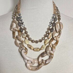 Layered Statement Necklace Marbled Acrylic Chunky Links Faceted Neutral Beads